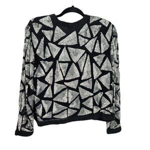 Vtg 80's Sweelo Silk Geometric Black‎ Silver Metallic Sequin Beaded Blazer Sz M